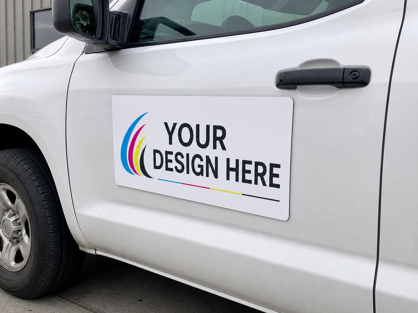 Printed magnetic business sign on a work truck door