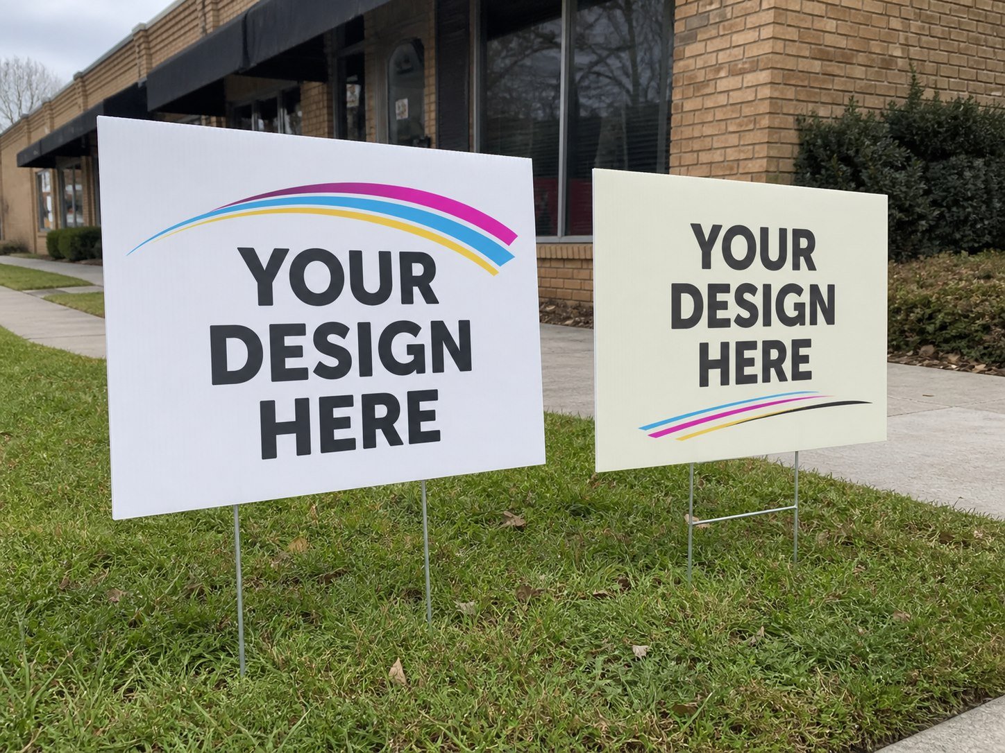 Custom coroplast yard signs on metal stakes